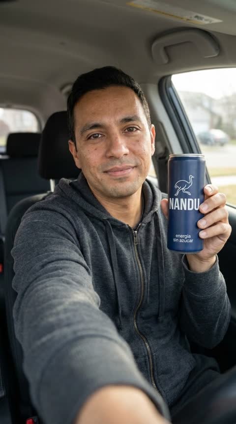 Muestra gratis: Leandro con la lata NANDU en auto