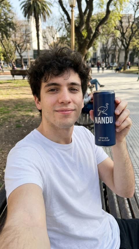 Muestra gratis: Nico con la lata NANDU en plaza